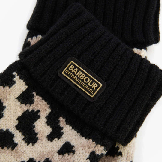 Barbour HARLEY LEOPARD Womens Gloves Jasmine Leopard detail view with black and leopard print design.