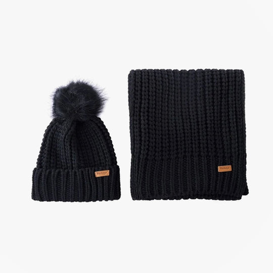 Barbour SALTBURN BEANIE & SCARF Womens Gift Set Black, side view showing matching pom beanie and scarf.