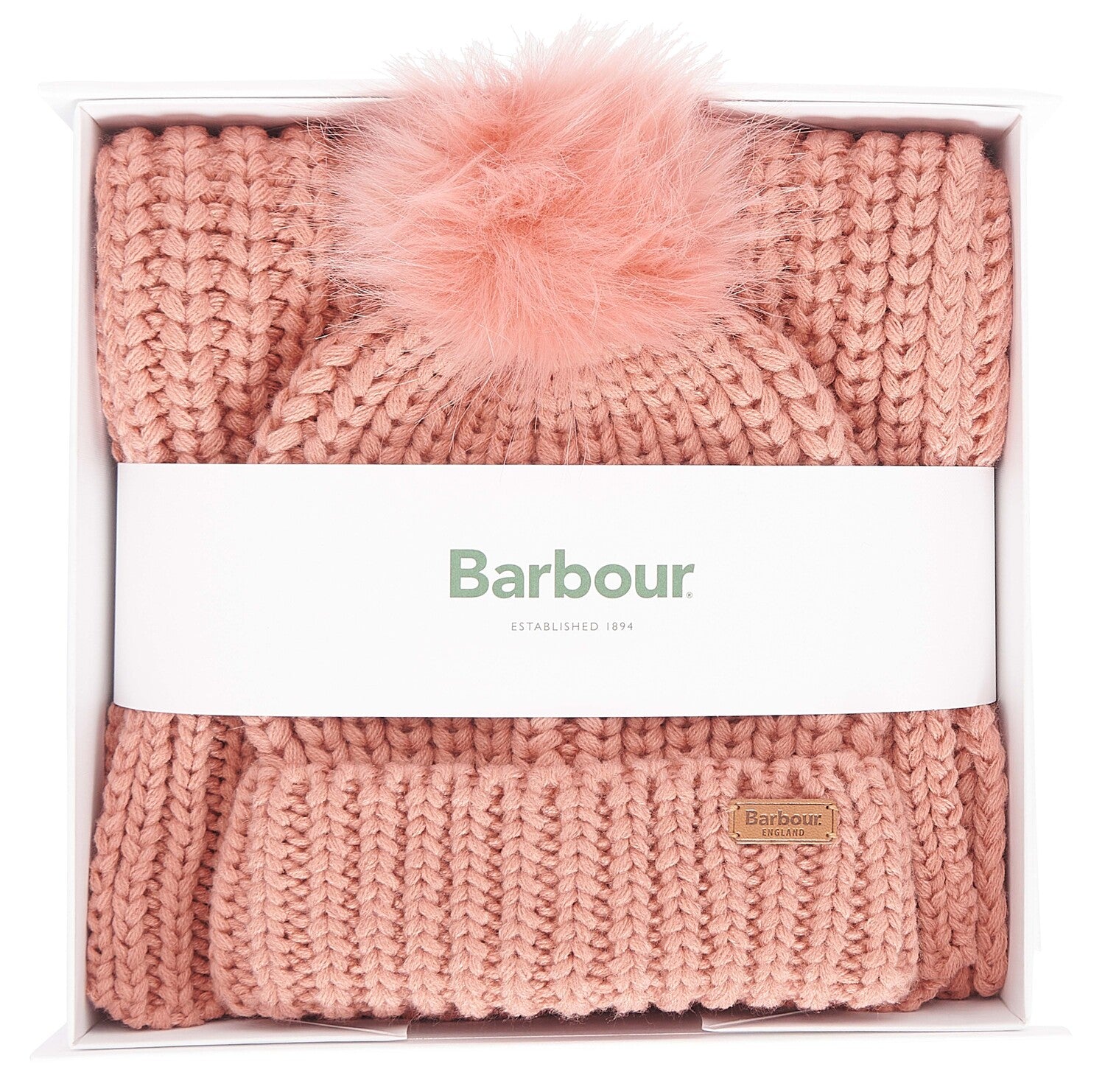 Barbour SALTBURN BEANIE & SCARF Gift Set Womens Pink Rust