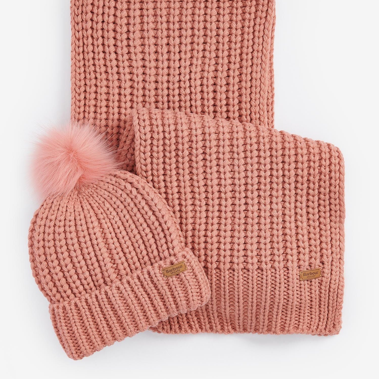 Barbour SALTBURN BEANIE & SCARF Gift Set Womens Pink Rust