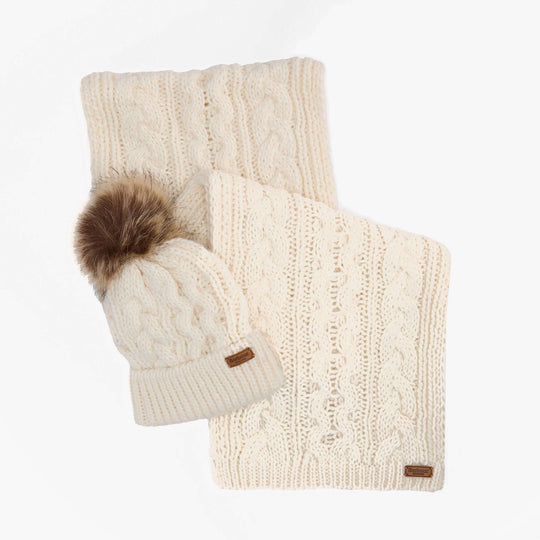 Barbour PENSHAW BEANIE & SCARF Gift Set Womens Cloud, front view, showcasing cream cable knit beanie and matching scarf.