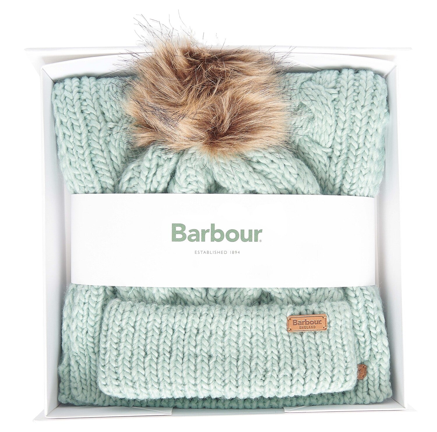 Barbour PENSHAW BEANIE & SCARF Gift Set Womens Soft Mint