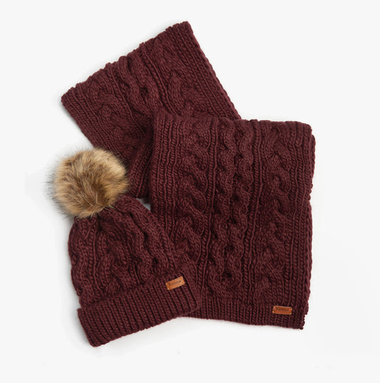 Barbour PENSHAW BEANIE & SCARF Womens Gift Set Bordeaux