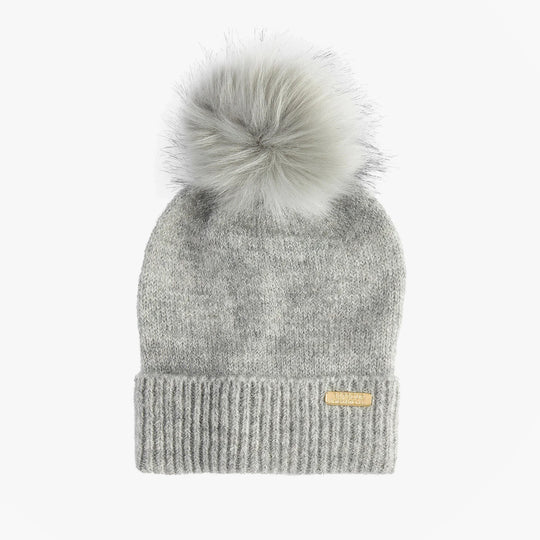 Barbour SPARKLE BEANIE & SCARF Womens Gift Set Grey Marl front view of beanie with pom-pom detail in grey.