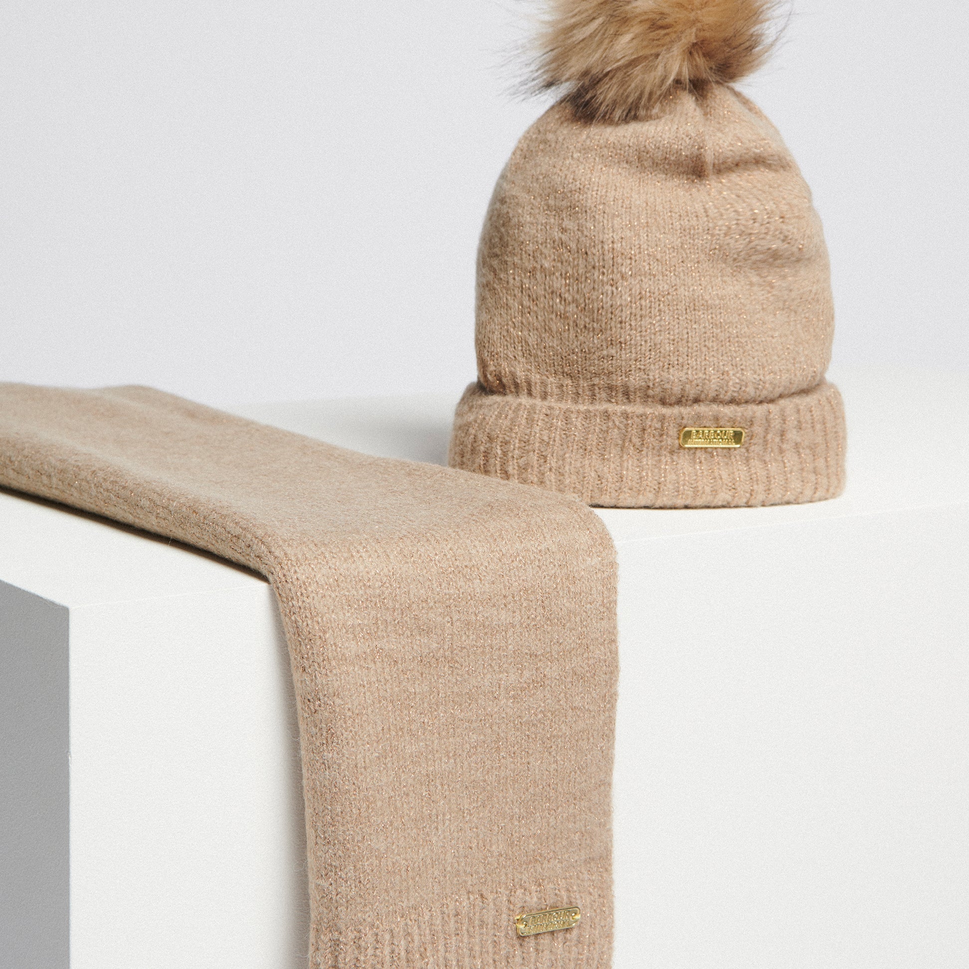 Barbour SPARKLE BEANIE & SCARF Womens Gift Set Oat