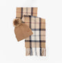 Barbour DOVER BEANIE & HAILES SCARF Gift Set Womens Hessian Tartan front view, showcasing brown beanie with pom pom and checked scarf.