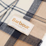 Barbour DOVER BEANIE & HAILES SCARF Gift Set Womens Hessian Tartan, detail view of scarf with logo.