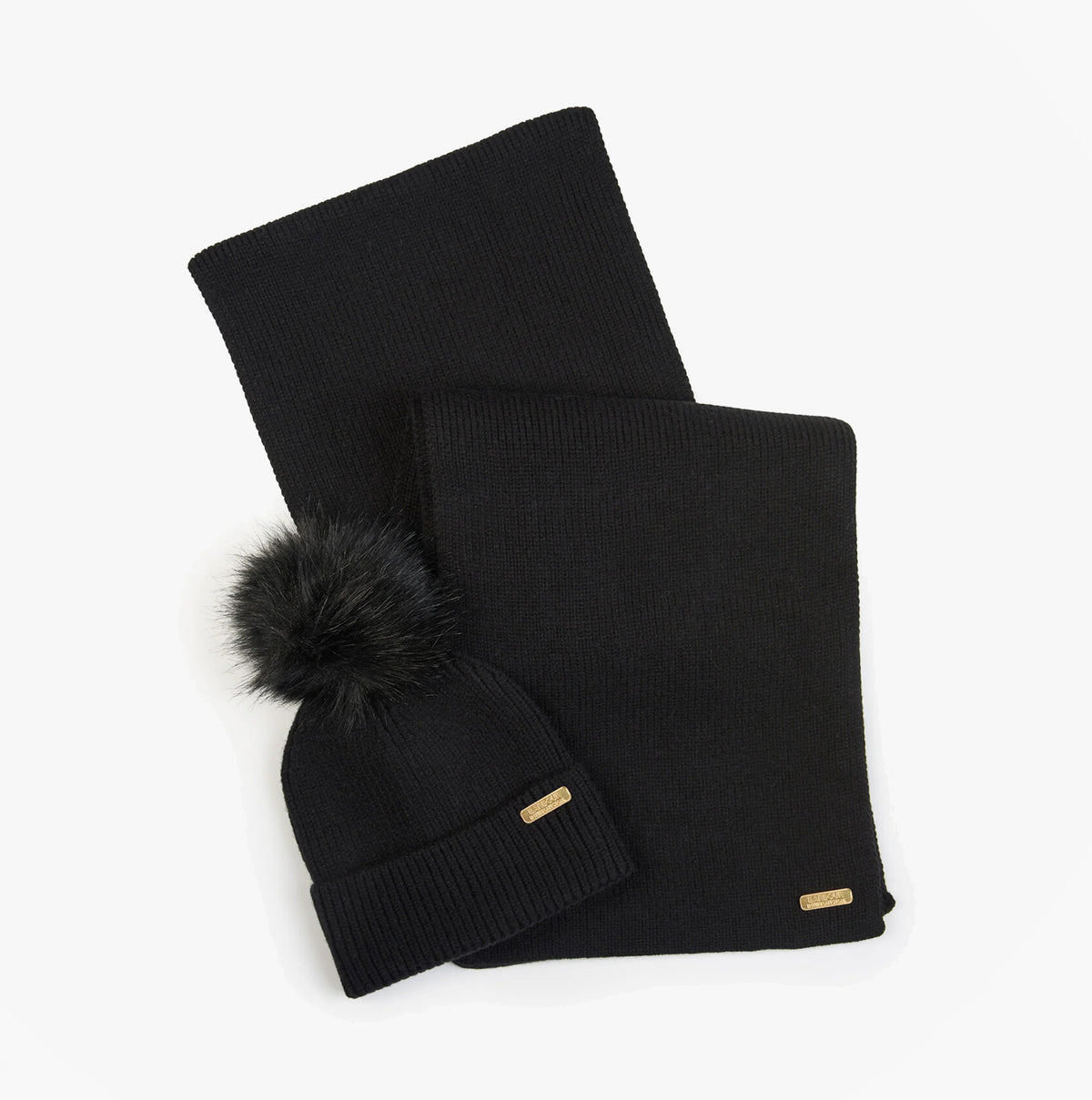 Barbour MALLORY BEANIE & SCARF Womens Gift Set Black top view of hat and scarf set featuring a pom pom beanie and scarf.