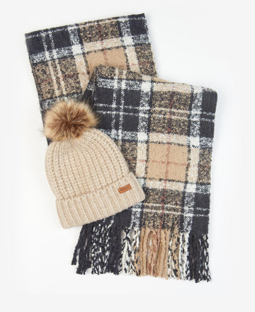 Barbour SALTBURN BEANIE & TARTAN SCARF Womens Gift Set Rosewood