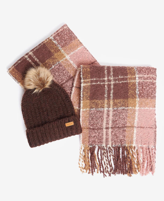 Barbour SALTBURN BEANIE & TARTAN SCARF Womens Gift Set Chocolate