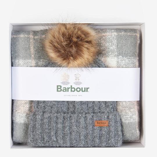 Barbour SALTBURN BEANIE & TARTAN SCARF Womens Gift Set Grey Rose presented in gift box, showcasing beanie with pom pom and tartan scarf.