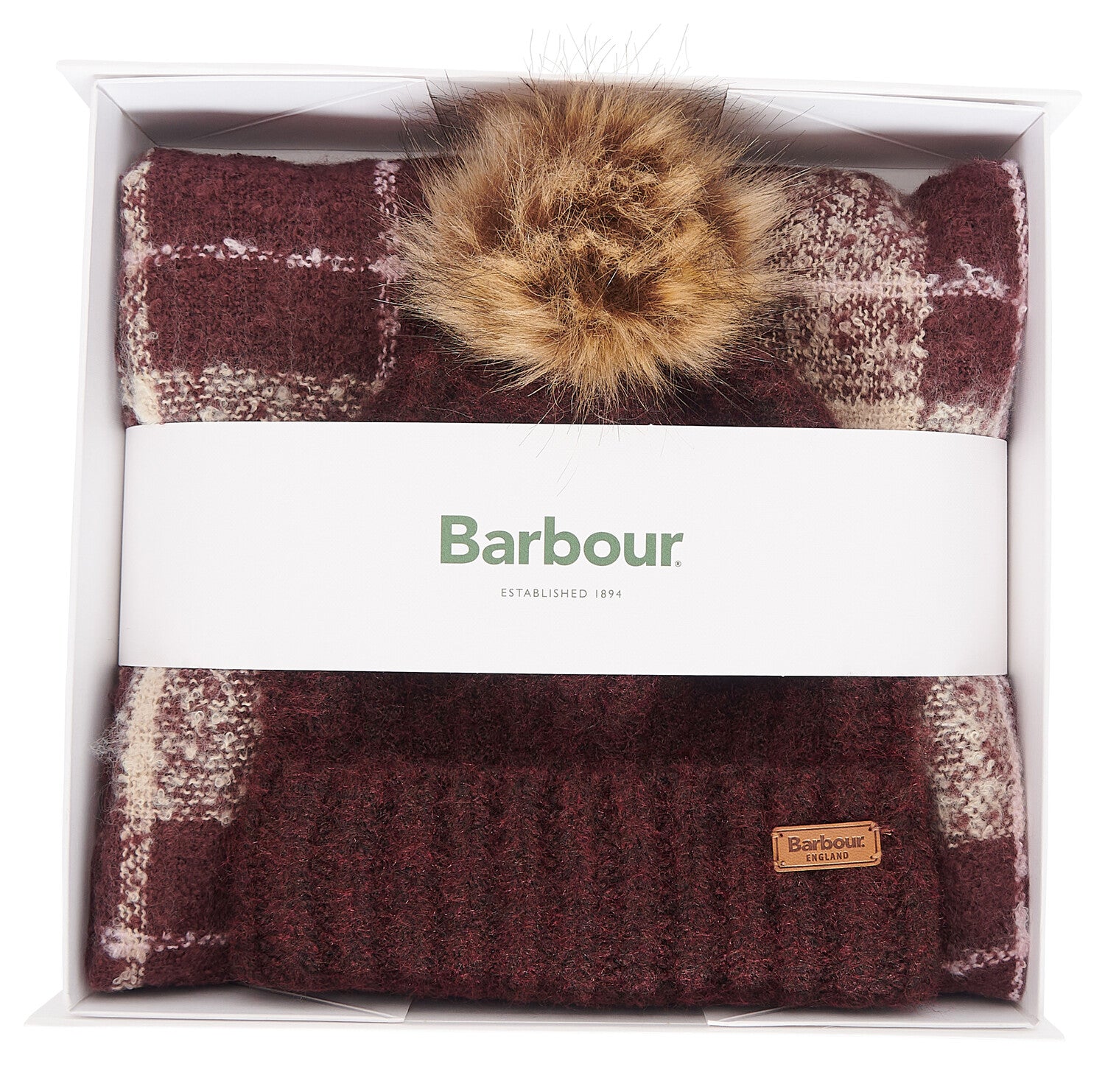 Barbour SALTBURN BEANIE AND TARTAN SCARF Gift Set Womens Cabernet