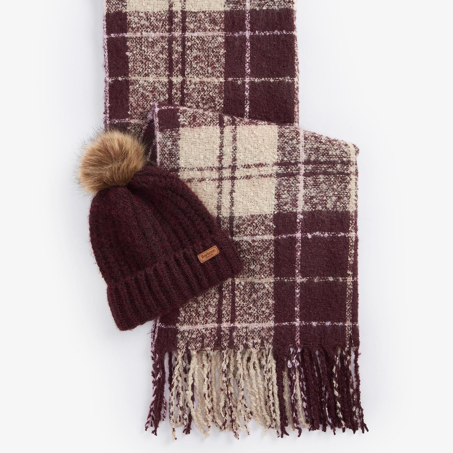 Barbour SALTBURN BEANIE AND TARTAN SCARF Gift Set Womens Cabernet