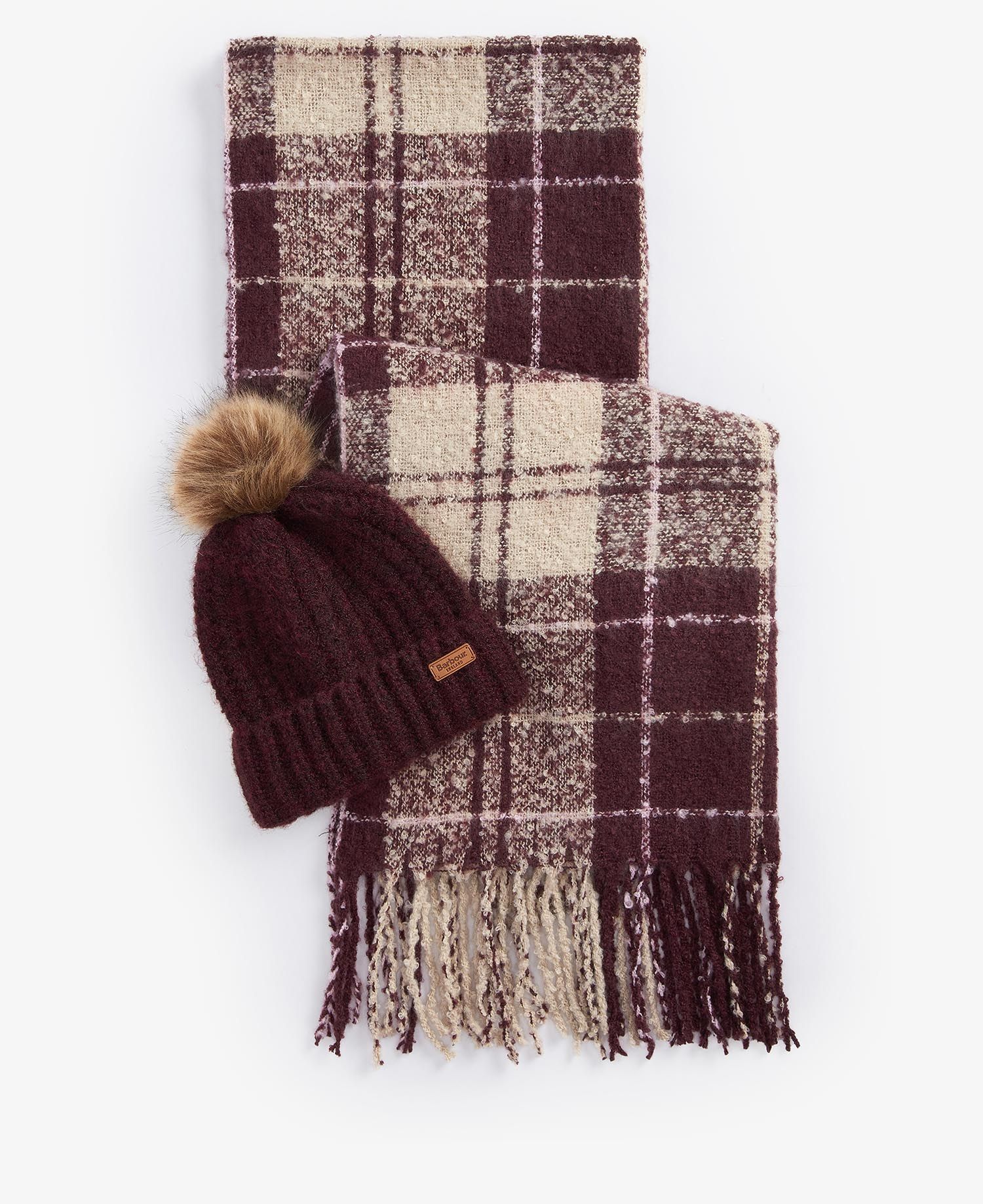 Barbour SALTBURN BEANIE AND TARTAN SCARF Gift Set Womens Cabernet