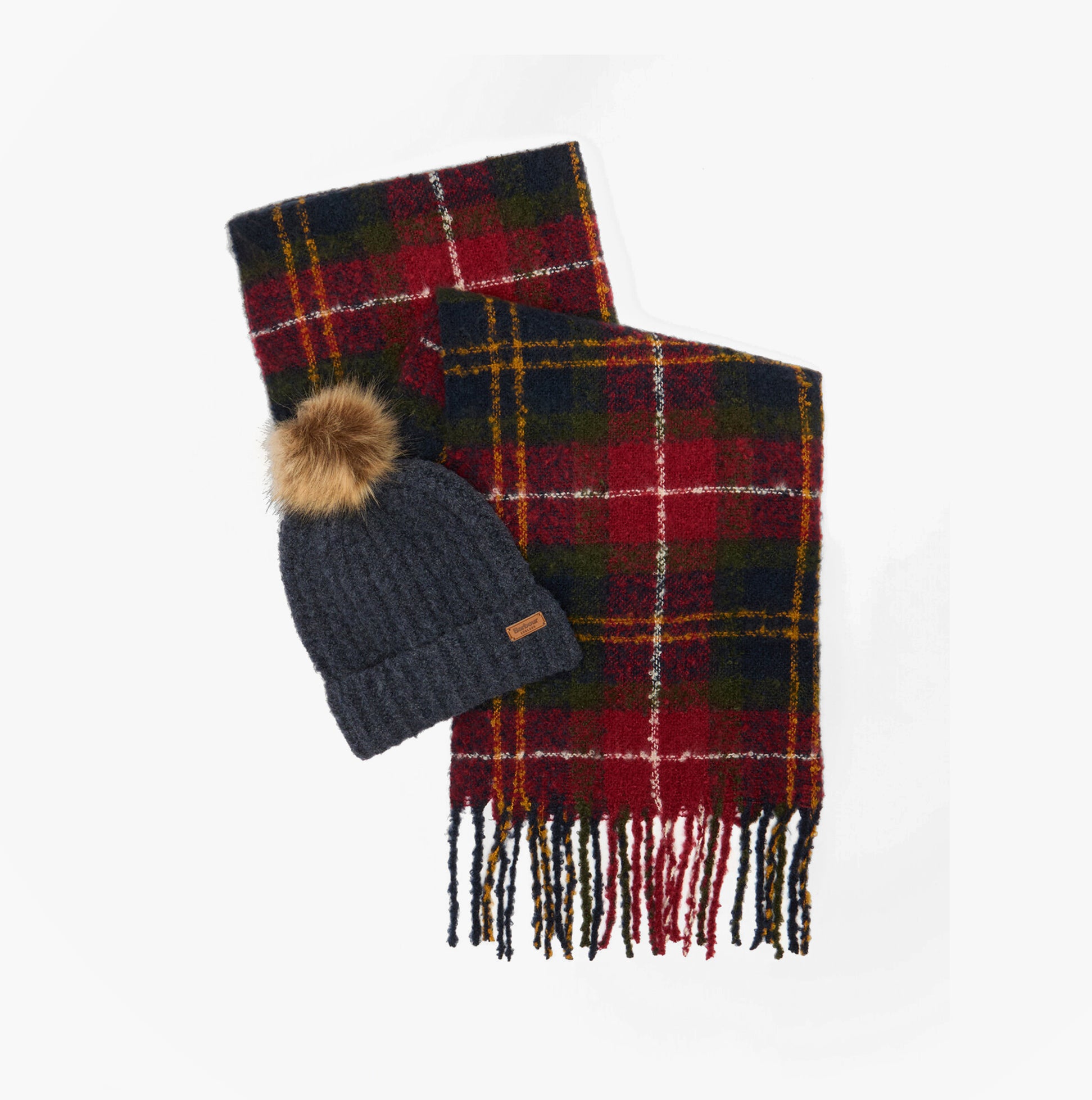 Barbour SALTBURN BEANIE & TARTAN SCARF Gift Set Womens Beanie Winterberry Tartan