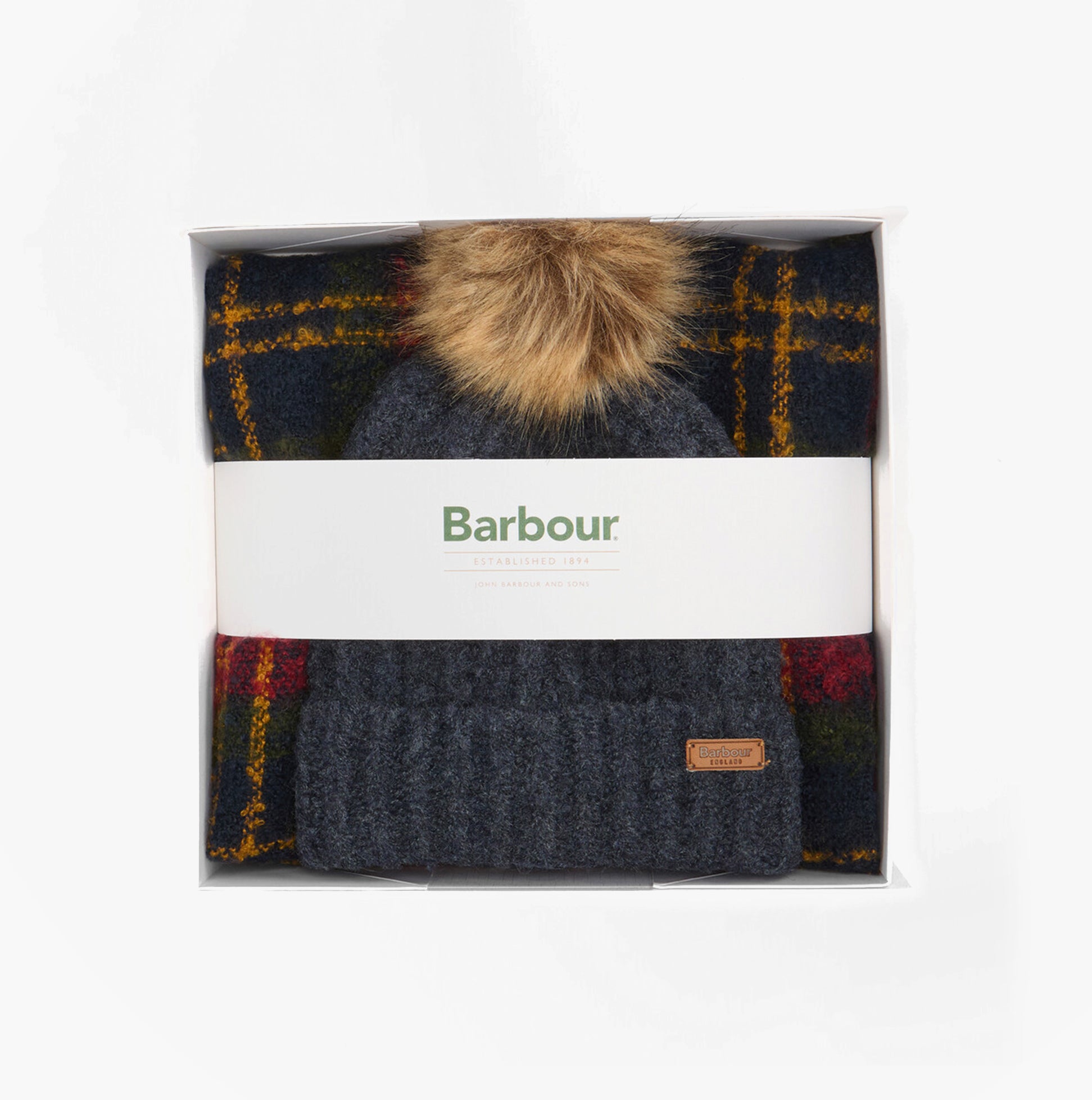 Barbour SALTBURN BEANIE & TARTAN SCARF Gift Set Womens Beanie Winterberry Tartan