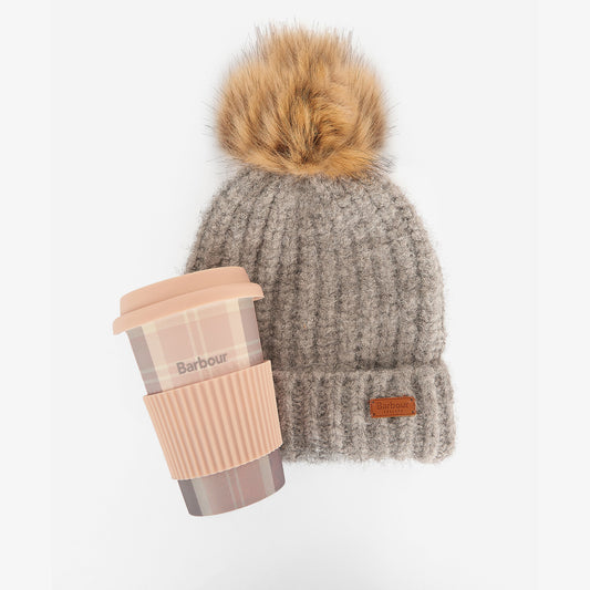 Barbour TRAVEL MUG & BEANIE Gift Set Womens Pink/Grey