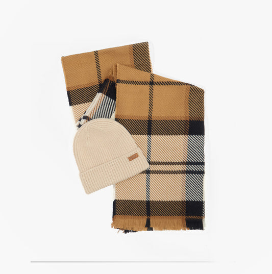 Barbour PENDLE BEANIE & BLAIR SCARF Gift Set Womens Hessian Navy
