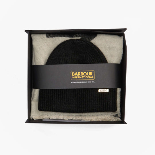 Barbour PENDLE BEANIE & MILLA SCARF Gift Set Womens Black/Jasmine, front view in gift box.