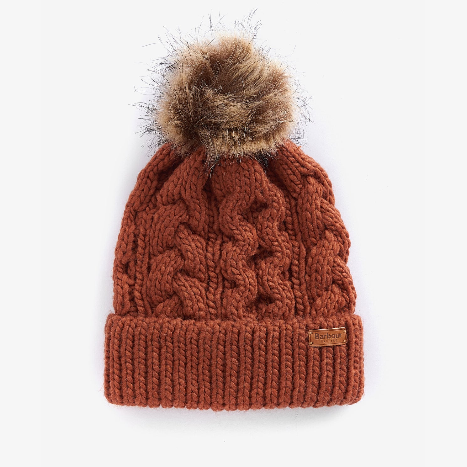 Barbour PENSHAW Womens Pom-Pom Beanie Warm Ginger top view with faux-fur pom-pom and cable-knit texture.