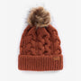 Barbour PENSHAW Womens Pom-Pom Beanie Warm Ginger top view with faux-fur pom-pom and cable-knit texture.