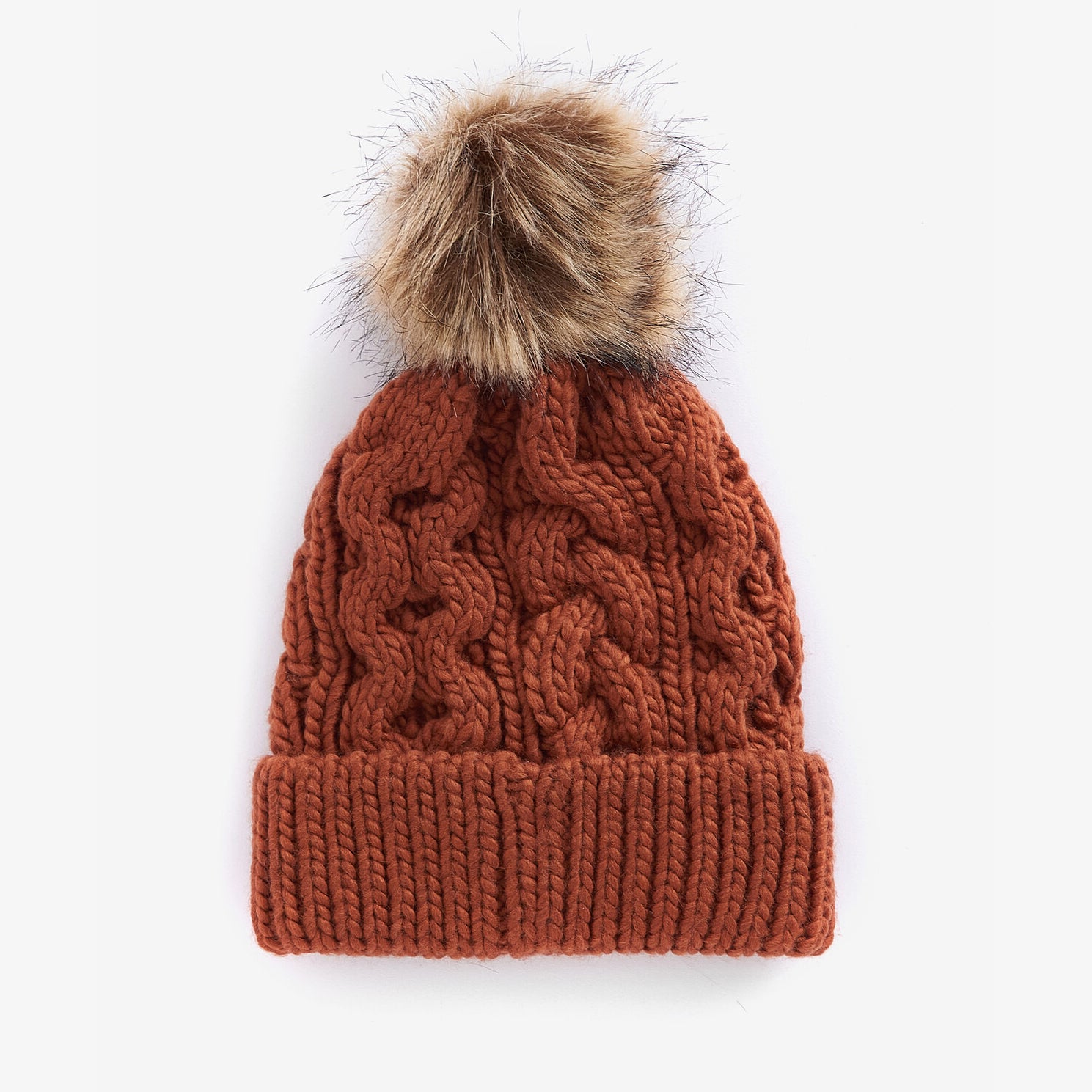 Barbour PENSHAW Womens Pom-Pom Beanie Warm Ginger front view with faux-fur pom-pom and cable-knit detail.