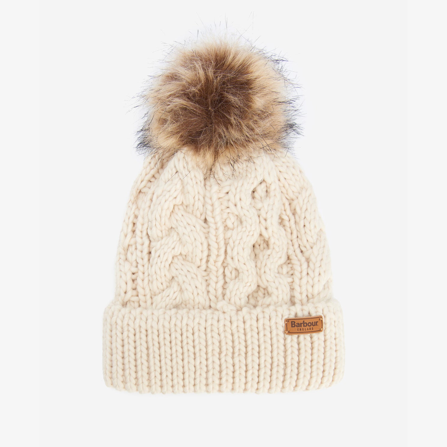 Barbour PENSHAW Womens Pom-Pom Beanie Blush Pink front view with cable-knit structure and faux-fur pom-pom