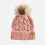 Barbour PENSHAW Womens Pom-Pom Beanie Pink Rust front view with faux-fur pom-pom and cable-knit design.