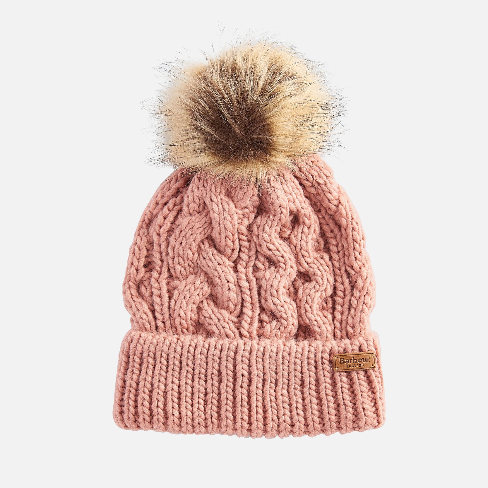 Barbour PENSHAW Womens Pom-Pom Beanie Pink Rust front view with faux-fur pom-pom and cable-knit design.