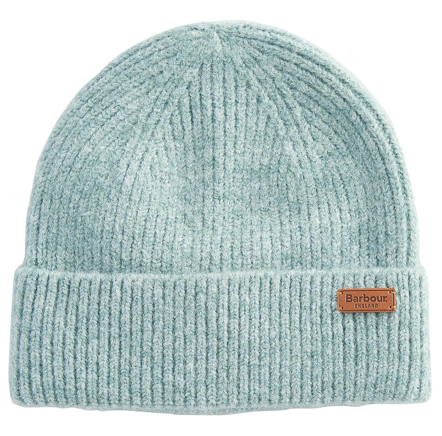 Barbour PENDLE Womens Beanie Soft Mint top view showcasing ribbed texture and branded badge