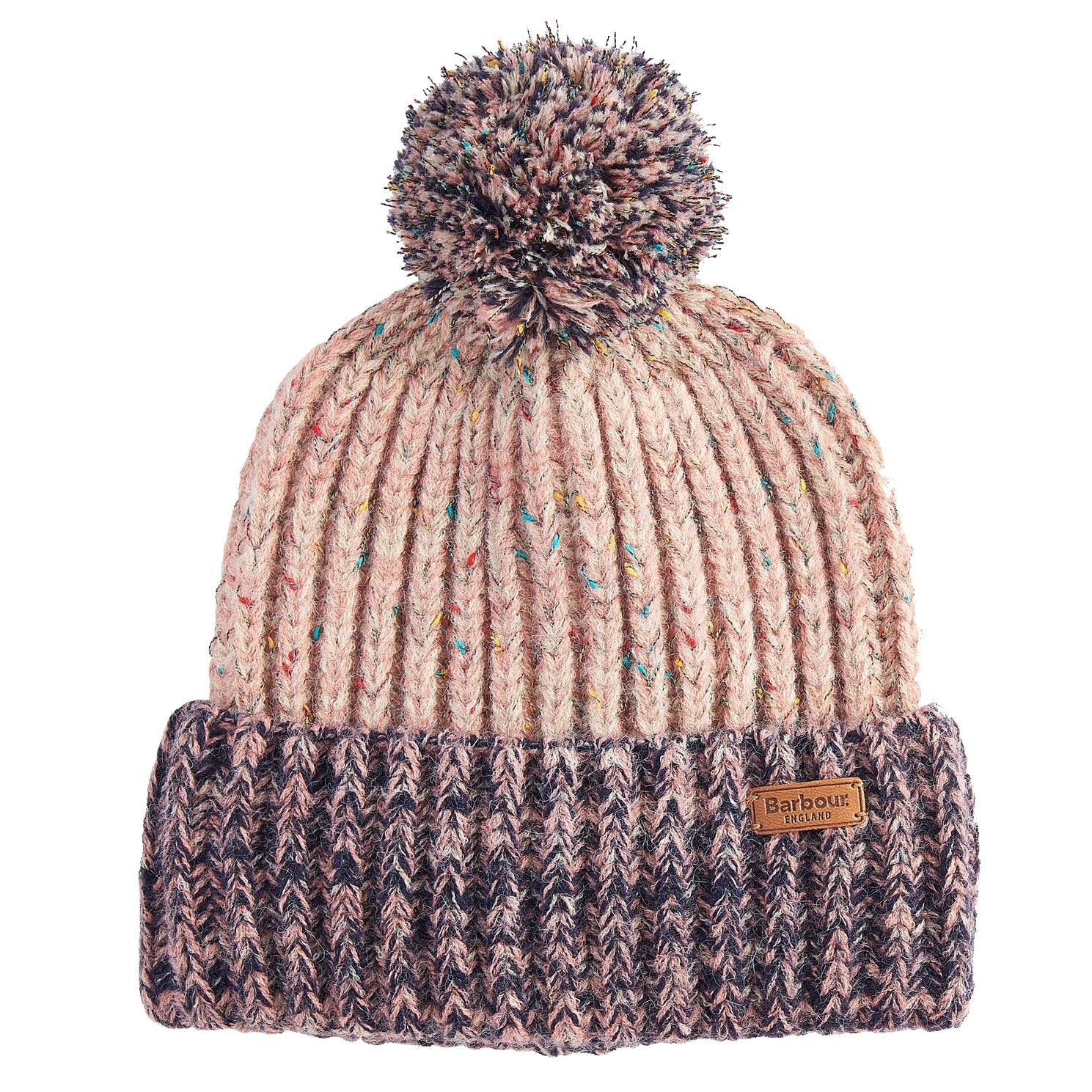 Barbour NORHAM Womens Beanie Pink Rust/Navy front view showing chunky-knit style and faux-fur pom-pom.