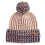 Barbour NORHAM Womens Beanie Pink Rust/Navy front view showing chunky-knit style and faux-fur pom-pom.