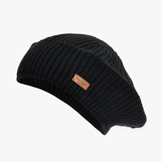 Barbour BELDON BERET Womens Beanie Black side view showcasing textured acrylic style
