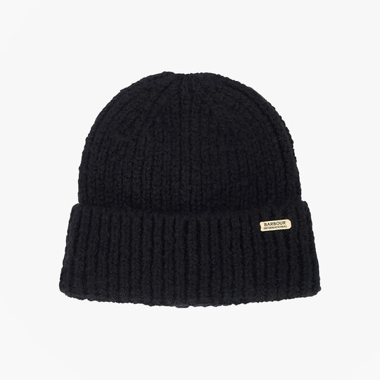 Barbour ARIA Womens Beanie Black top view showcasing textured knit design and brand logo detail.
