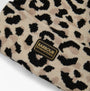 Barbour HARLEY LEOPARD Womens Beanie Jasmine Leopard detail view showcasing leopard print pattern and logo.