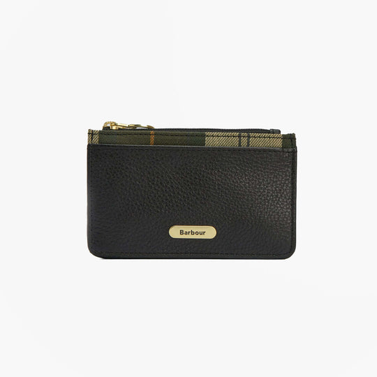 Barbour ALDER LEATHER Card Holder Womens Black front view featuring zip closure and RFID protection.