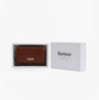 Barbour ROSA LEATHER French Purse Womens Brown/Classic Tartan in box, showcasing front view and packaging.