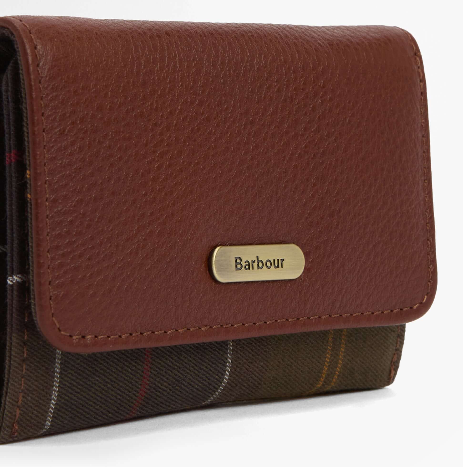 Barbour ROSA LEATHER French Purse Womens Brown/Classic Tartan side view showing leather and tartan detail.