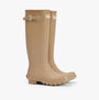 Barbour BEDE Womens Tall Wellies Sandstone side view of knee-high rubber boots with block heel.