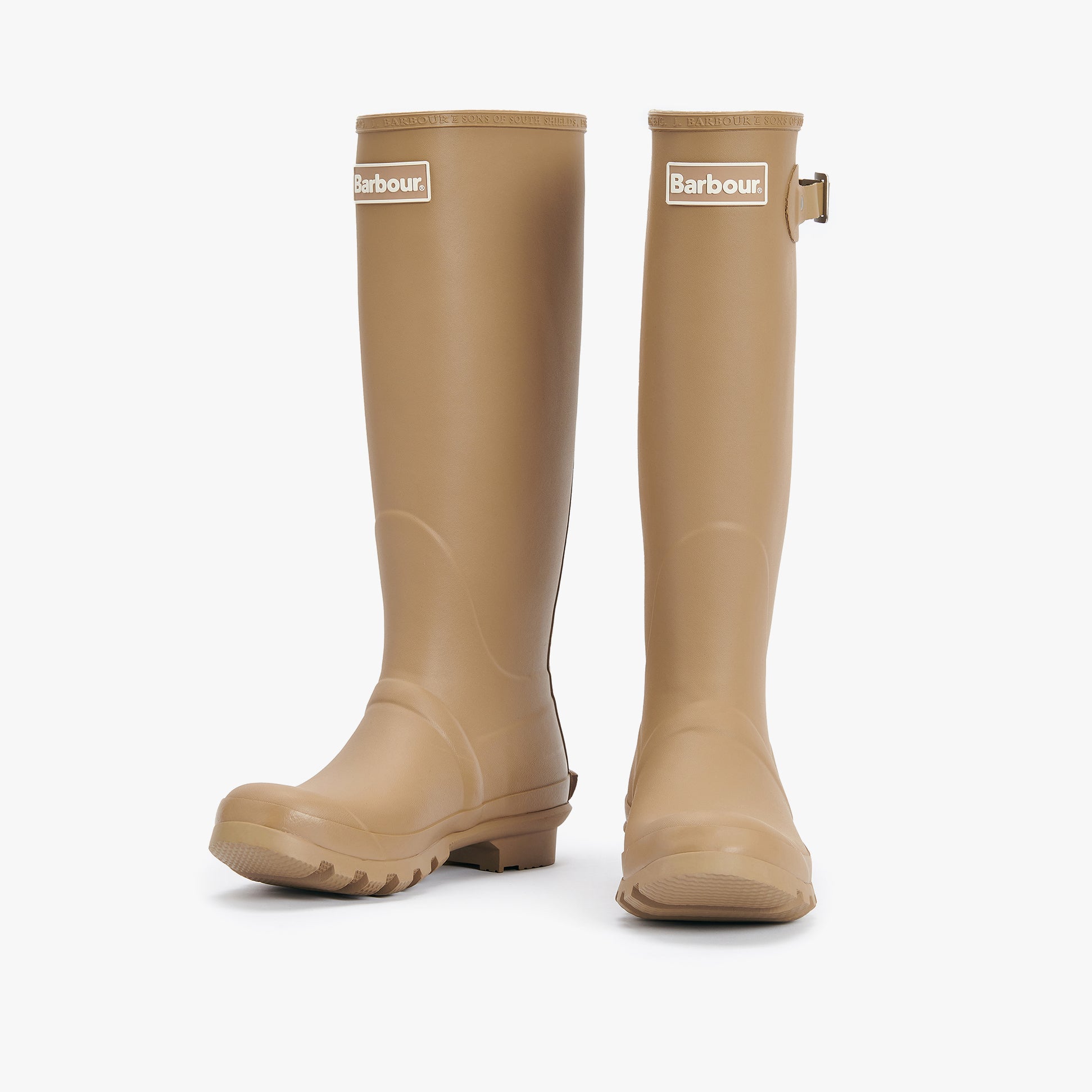 Barbour BEDE Womens Tall Wellies Sandstone front view with block heel and round toe, featuring a glossy synthetic finish.