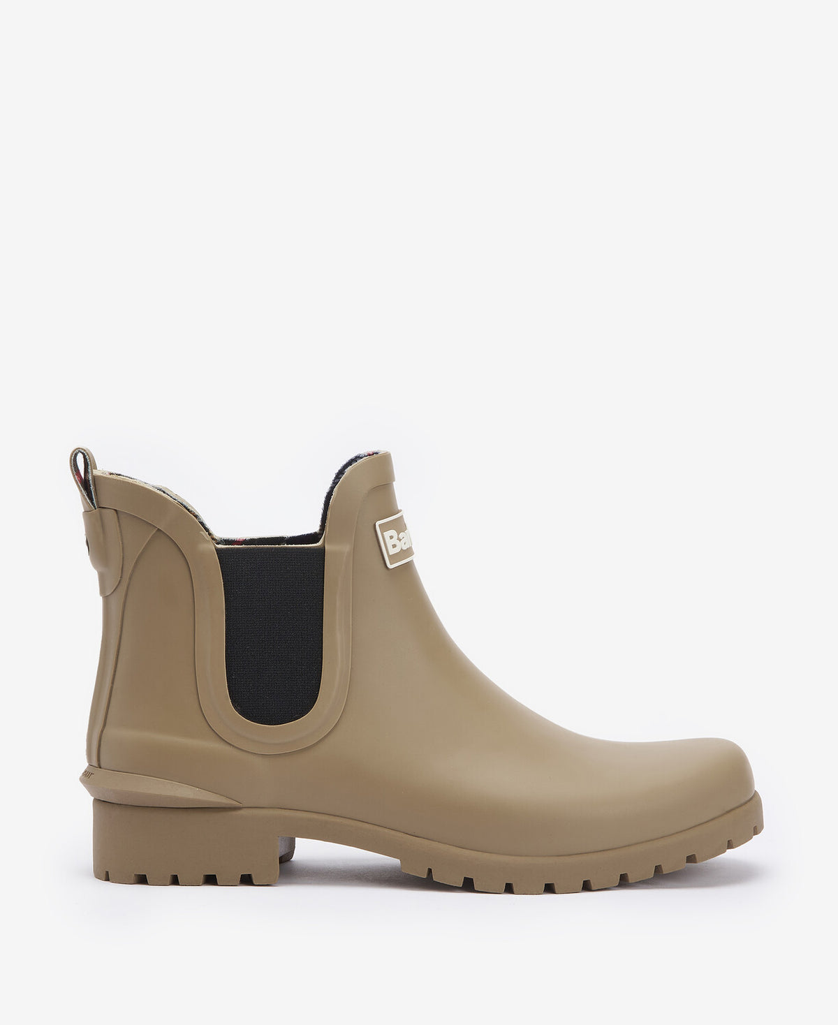 Barbour WILTON Womens Chelsea Wellies Sandstone side view showing round toe and pull-on design.