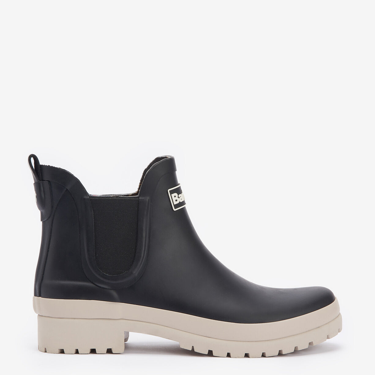 Barbour MALLOW Womens Chelsea Wellies Black/White Pepper side view with block heel and elasticated side panel.