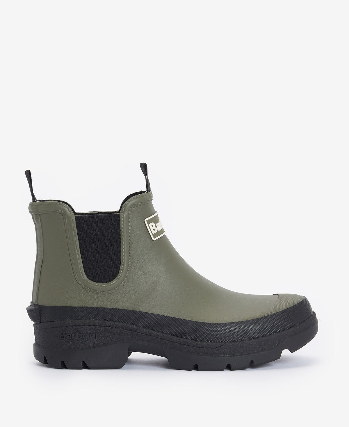 Barbour NIMBUS Womens Chelsea Wellies Olive/Black side view featuring a block heel and elasticated side panel.