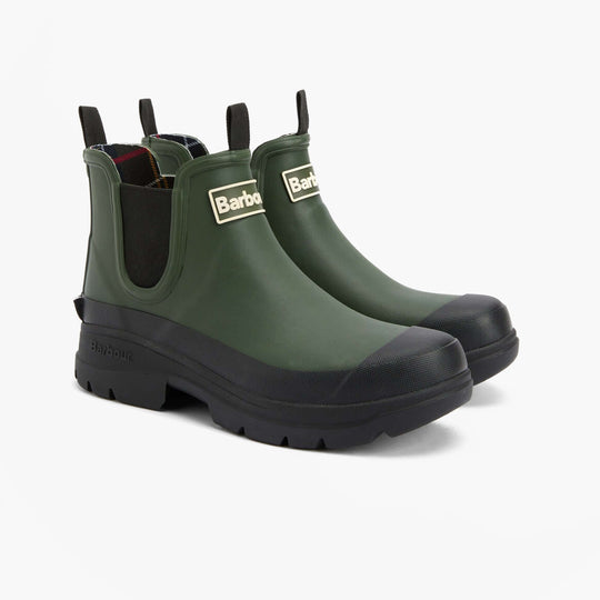 Barbour NIMBUS Womens Chelsea Wellies Olive/Black side view showing synthetic/rubber upper and round toe.