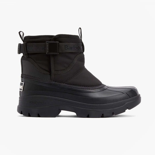 Barbour BRAYBOURN Womens Duck Boot Wellies Black side view showcasing comfortable synthetic and rubber construction.