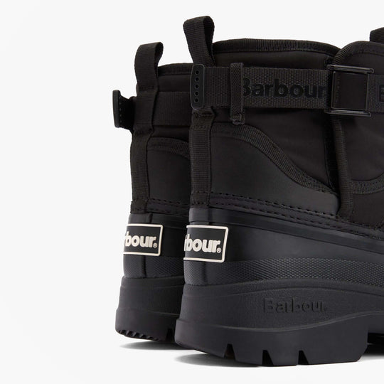 Barbour BRAYBOURN Womens Duck Boot Wellies Black side view showcasing rear design and logo details.