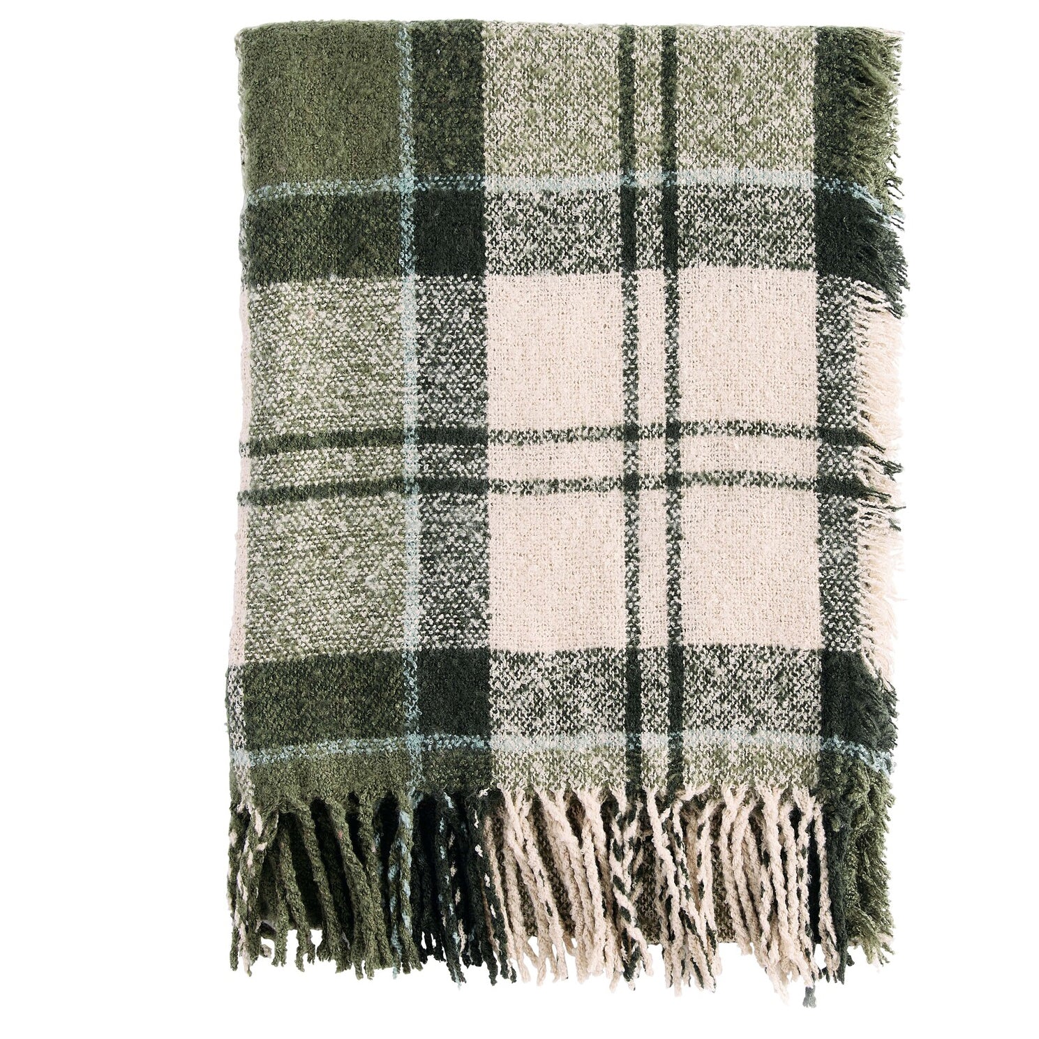 Barbour TARTAN BOUCLE Scarf Womens Ancient Loden front view showing woven plaid design and tasselled hem.