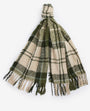 Barbour TARTAN BOUCLE Scarf Womens Ancient Loden front view showcasing textured boucle yarn and tasselled hem.