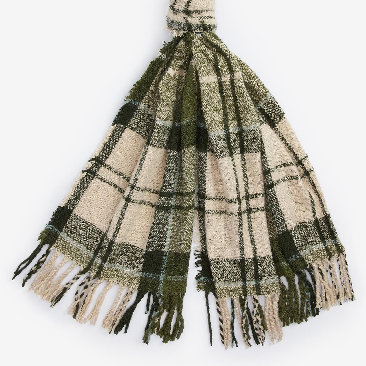 Barbour TARTAN BOUCLE Scarf Womens Ancient Loden front view showcasing textured boucle yarn and tasselled hem.