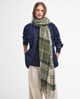 Barbour TARTAN BOUCLE Scarf Womens Ancient Loden front view, featuring a textured appearance and tasselled hem.